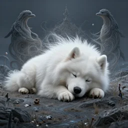 giant sleeping ( ( ( ( ( ( samoyed ) ) ) ) ) ) cute creature creature in a tundra landscape, dramatic lighting, moody : : by michal karcz, daniel merriam, victo ngai and guillermo del toro : : ornate, dynamic, particulate, intricate, elegant, highly detailed, centered, artstation, smooth, sharp focus, octane render, 3 d