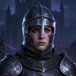 head and shoulders portrait of a female knight with a worried helmet, scars under her grey eyes. sad and tired eyes, broken neclace. background dark mystical castle! a few thin violet light rays on the castle. high detail, artstation top ten, photo in the style of bruce gilden