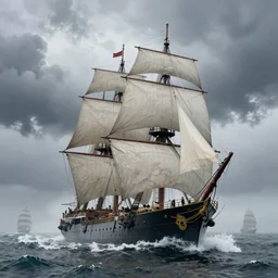 enormous sailing battleship, raging sea foggy, dramatic, action scene, stormy background, shipfleet on the horizon, high detail, greg rutkowski, james gurney, gene wolfe, gustave dore, jesper ejsing, rhads, makoto shinkai, ilya kuvshinov