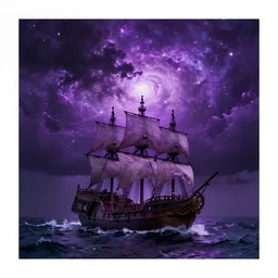 purple color lighting storm with stormy sea a pirate ship trippy nebula sky