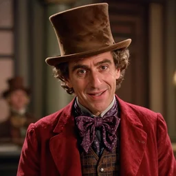 “Film still close-up shot of David Letterman as Willy Wonka from the movie Willy Wonka & The Chocolate Factory. Photographic, photography, cinematic”