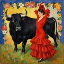 highly detailed painting of flamenco dancer wearing a red dress next to a black bull framed with flowers by tamara de lempicka