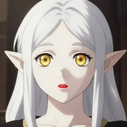 renaissance anime character, elf girl with white skin, wide golden eyes and red lips, hair blowing the wind, trending art, fashion photography, centered, hyper detailed, studio glibly makoto shinkai, wlop