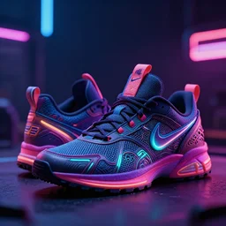 extremely detailed realistic advertsing photograph of a ciberpunk mayan sneakers with neon lights by nike, bokeh, product shot view in studio, ArtStation, CGSociety