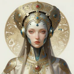 a portrait of a ( female ) cyberpunk machine, machine face, upper half portrait, decorated with russian motifs, russian shaman, siberia, traditional russia, intricate, elegant, highly detailed, symmetry, headpiece, digital painting, artstation concept art smooth sharp focus, illustration, art by artgerm and greg rutkowski alphonse mucha 8 k