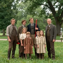 sharp, highly detailed, 43456k film, 161800mm film still from a sci fi blockbuster color movie made in 2019, set in 1860, of a family standing in a park, next to some strange alien plants and flowers, on an alien planet, the family are all wearing 1860s era clothes, good lighting, ultra high definition, 35mm macro lens