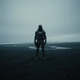 low angle cinematic shot of lone futuristic soldier in the middle of an endless black sand beach in iceland, rivers