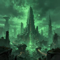 atmospheric city of the future inspired by hp lovecraft, green ambient light, masterpiece by greg rutowski, 4 k