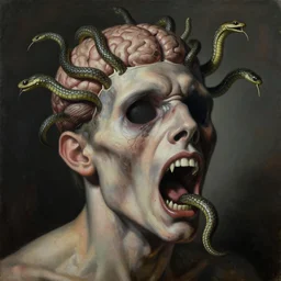 a painting of a screaming decapitated man's withered face and blank eye sockets as biting serpents swarm out of his exposed brain, a surrealist painting, polycount, surrealism, surrealist, body horror, macabre