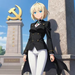 aristocratic platinum - blonde - haired bob cut blue - eyed princess wearing white leggings and black jacket, standing next to communist monument, anime, hd anime wallpaper, hyperrealistic lighting, drawn by artgerm