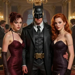 daniel gerhartz and artgerm and wlop detailed portrait digital painting of a bruce wayne and selina kyle at a party in a mansion, mansion interior in the background, unreal engine, hyper realism, realistic shading, cinematic composition, blender render, octane render, hdr, detailed textures, photorealistic, 3 5 mm film