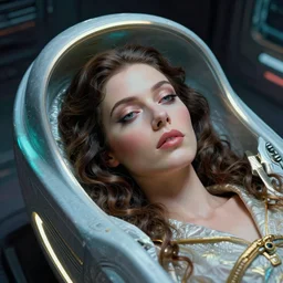 detailed face of a woman with obsidian eyes in a biomorphic sleeping pod sarcophagus, retro 7 0 s sci - fi, rim lighting, pj crook, syd mead, livia prima, artgerm, greg rutkowski, nick alm, casey baugh