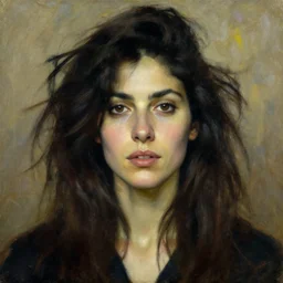 a stunning masterful portrait of a confident argentinian woman with messy hair and deep thinking eyes by andrew wyeth, john singer sargent, and norman rockwell, natural light, oil painting, ethereal, wong kar wai, strong brushwork