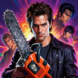 beautiful portrait of ash williams from evil dead, highly detailed portrait concept art, with chainsaw hand, josan gonzalez, greg rutkowski, toshihiro egawa, psychedelic, majestic masterpiece, vibrant backlit, movie poster character, intricate, hyper detailed, smooth, trending on pixiv