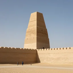 the last tower in an ancient desert looms over the small people who dwell outside of it's shaded walls. an image of the future ever receding from the clutches of greed. vivid art deco romanticism, epic composition. harsh linework