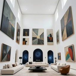 giant Italian modern castle living room, clean minimalist design, that is 1300 feet tall, with very tall giant walls filled with modern art paintings, doors that are cosmic portals, photo by Annie Leibovitz, with modern sculpture by Ken Kelleher