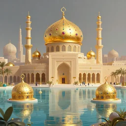 Arabian city with golden domes and gemstones overflowing with water environment concept art matte painting by Theo Prins and Ruan Jia