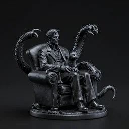 2 8 mm miniature statue howard phillips lovecraft, sitting in leather armchar, with cat on lap, big tentacle moves around, top - side view, black resin, black background, octane render