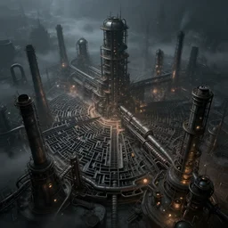 futuristic dystopian endless, intricate, complex, labyrinthine, byzantine, tangled, industrial megafactory complex, smokestacks, pipelines and ducts and vents, science fiction landscape painting, steampunk, fog, night, gloomy, dark, dramatic, cinematic, volumetric lighting, gods eye view