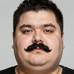 face portrait a big beefy man with a large face, thick dark hair, a bushy black moustache, without beard, with hardly any neck and mean little eyes, highly detailed, digital art, sharp focus, trending on art station, colourful drawing
