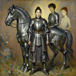 portrait of one full body girl medieval chines armor and one metal horse poses by gaston bussiere, anna nikonova aka newmilky, greg rutkowski, yoji shinkawa, yoshitaka amano, tsutomu niehi, impressionism, monet,