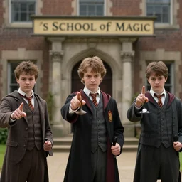 sharp, detailed, 3 5 mm still from a 2 0 1 9 sci fi color movie, set in 1 8 5 0 in an alternate universe, mid distant shot of three students practicing magic, outside the'school of magic ', 1 8 5 0 s era clothing, cinematic lighting, in focus, real faces, sharp lens, live action, award winning lighting, cinematic photography