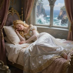 a hyperdetailed matte painting of triss merigold as a princess asleep on a bed in a tower, sleeping beautry, window overlooking cliffs and crashing waves in the background, highly detailed, deep focus, elegant, digital painting, smooth, sharp focus, ultra realistic, 8 k, art by artgerm and alphonse mucha