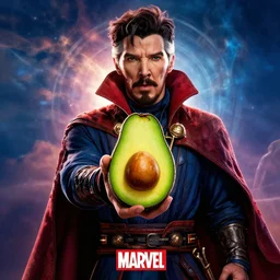 doctor strange holding an avocado, marvel movie poster, amazing detail, cinematic, marvel logo