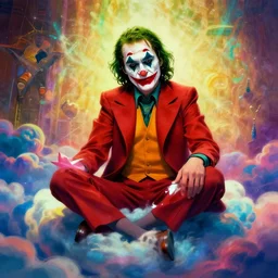 stunning portrait of christopher lloyd as the joker by victo ngai, kilian eng vibrant colors, winning - award masterpiece, fantastically gaudy, aestheticly inspired by beksinski and dan mumford, 4 k upscale with simon stalenhag work, sitting on the cosmic cloudscape