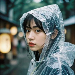 Cinestill 50d, 8K, highly detailed, totoro tsatsuki kusakabe style 3/4 extreme closeup portrait, eye contact, focus on clear transparent raincoat girl model, tilt shift zaha hadid style forest background: famous blade runner remake, tokyo izakaya scene