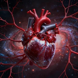 A dark red neurological network spanning across the galaxy, blood, realistic heart in the centre, realistic 4k octane beautifully detailed render, 4k post-processing, highly detailed, intricate complexity, epic composition, magical atmosphere, cinematic lighting, masterpiece, ultra hd