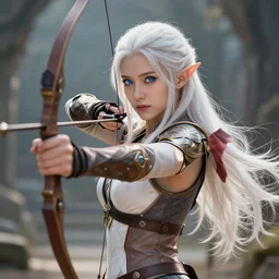 detailed photo of elven archer girl, white hair, blue eyes, beautiful, 8 k, by tristan eaton, stanley artgermm, tom bagshaw, greg rutkowski, carne griffiths, trending on deviantart, hyper detailed, glorious lighting, epic environment