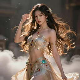 a beautiful female goddess of photography character, character is in all its glory, character is in her natural relaxed pose, rim lights, particles and dust in the air, fancy clouds, highly detailed professional photo, dynamic lights, particles are flying, depth of field, trending on artstation, illustration, hyper realistic, vray caustics, super detailed, colorful accents, cinematic shot