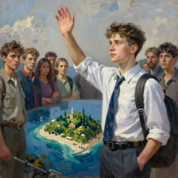 ( ( a beautiful 8 k photorealistic masterpiece oil painting ) ( of ( young professor who is leaving the mainland to go to a new island, waving to the mainlanders ) ( people in in the background are looking the professor in a serious and murderous way ) ) ( hyperrealism ) ( modern art ) ( 1 6 k ) ( trending on artstation )