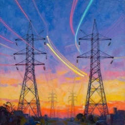 beautiful painting of bouncing colorful high voltage power lines, trending on artstation, 4 k, vibrant colors