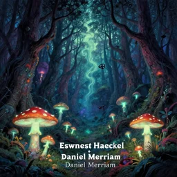 psychedelic fantasy forest with glowing mushrooms and eerie trees in the style of Ernst Haeckel and Daniel Merriam, perfect award winning album art