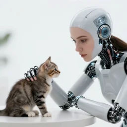 a cyborg woman pets a kitten