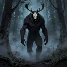 rafeal albuquerque comic art, joshua middleton, artgerm : : wendigo monster with deer skull face, antlers, furry body, tall and lanky : : walking through the forest : : night time : : spooky, scary, fog