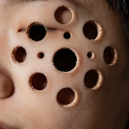 extreme close up a sparse pattern of large holes on a person's face. trypophobia. dramatic lighting, ue 5, digital art, 4 k