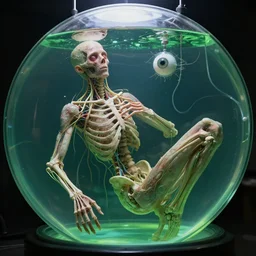 a human without skin floating in a circular glass tank, nerves caress the bones of the being, one eye, suspended, green liquid, attached to tubes and cables, hyper real, hyperrealistic, realistic, real, amazing detail, clear image, high octane render, anatomically correct, creepy - - s 1 2 5 0