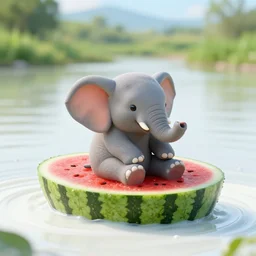 a small elephant sits in a boat made of watermelon and floats on a river of milk