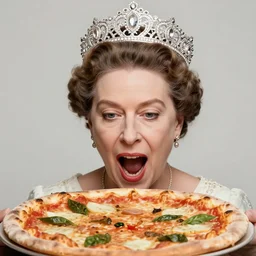 head and shoulders portrait of queen margherita of savoy italy, gaping over an entire pizza, tiara, pearl necklace, soft light, neutral background, black and white historical photo by letizia battaglia and peter lindberg