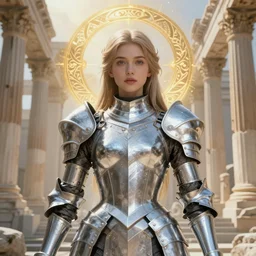 portrait knights of Zodiac girl, silver and ice color reflected armor, in ruined Agora of Athens, ssci-fi, fantasy, intricate, very very beautiful, elegant, golden light, highly detailed, digital painting, artstation, concept art, smooth, sharp focus, illustration, art by tian zi and WLOP and alphonse mucha