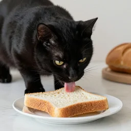 black cat licking bread on a table, by Quint Buchholz