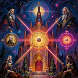 the church of chaos magick honours aleister crowley, hyperrealism, symbolism, symmetry, do what thou wilt, subject centered in frame, rule of thirds, stunning neon lighting, very detailed surreal impressionist painting by jan van eyck and beksinski and greg rutkowski