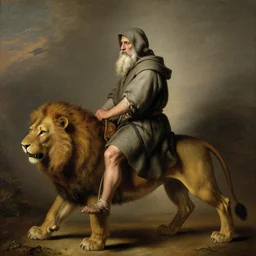 old man ( wise long white beard wearing a hooded tunic ) riding on lions back by rembrandt