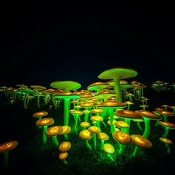 a beautiful wide - lens landscape photograph of a vibrant glowing bioluminescent mushroom forest with a pitch black sky, natural lighting, shot on a pentax k 1 mark ii