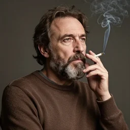 portrait of a middle aged writer with a beard, he is smoking a cigarette, he is wearing a brown sweater, style of greg rutkowski