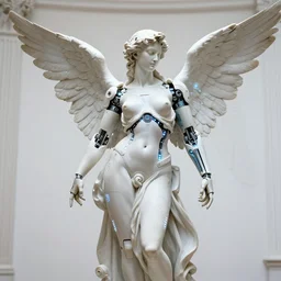 sculpture of female angel with solarpunk mecha humanoid robotic parts with bright led lights, pudica pose gesture, by michelangelo, in white room, ultra - realistic and intricate, hdr 8 k