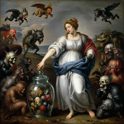 a painting of pandora opening her jar, releasing monsters and critters that impersonate sickness and death, misery, she is fully dressed, a masterpiece by artemisia gentileschi, critters flying around, wide angle